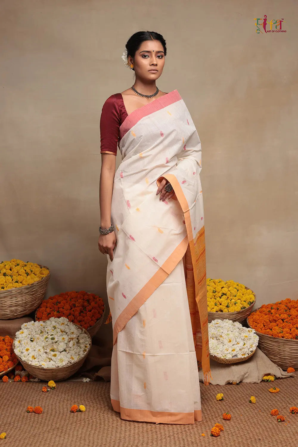 White Handloom Cotton Kanchi Saree-Sutra Art of Clothing