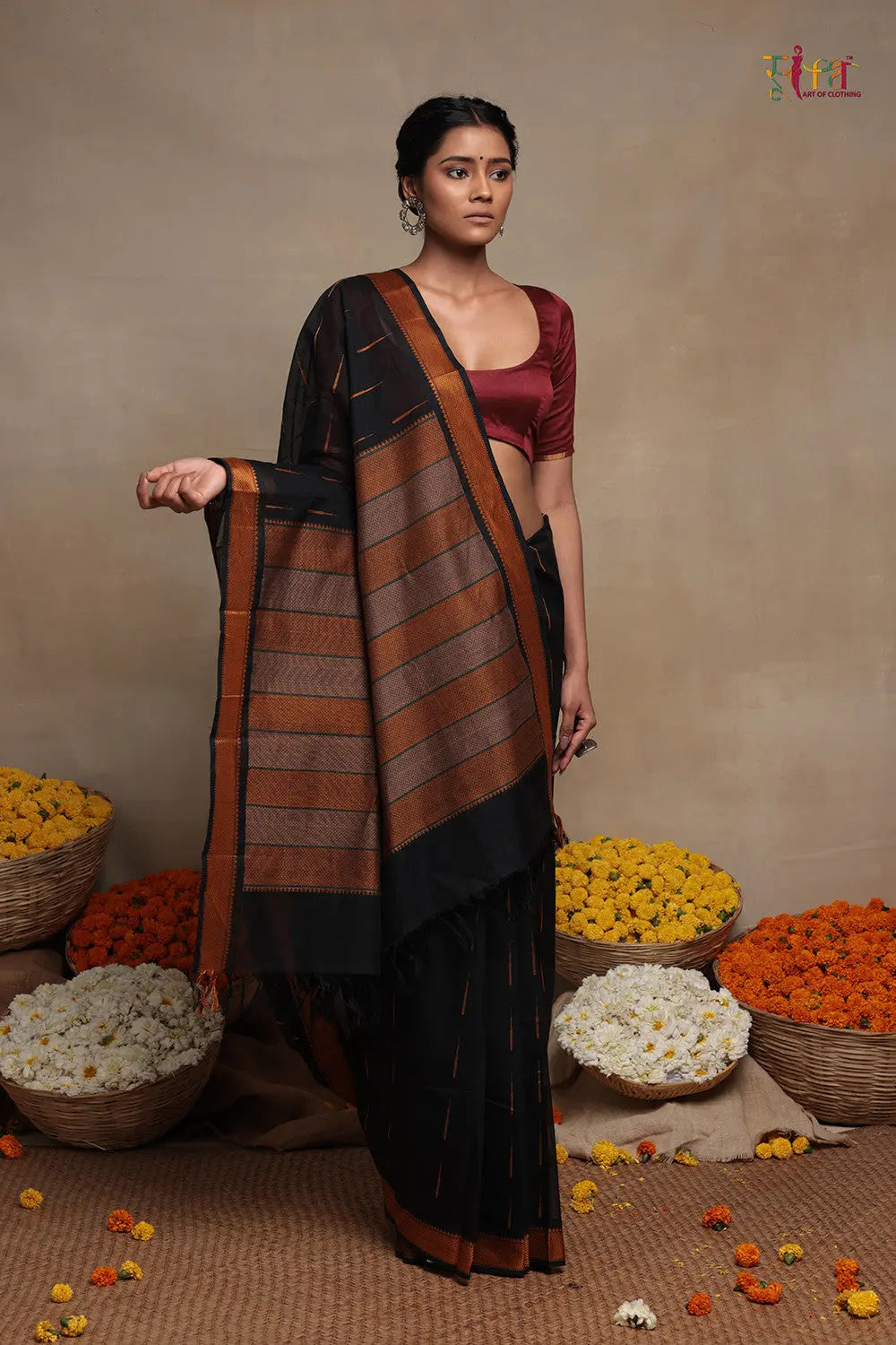 Handloom Black Pure Cotton Kanchi Contemporary Saree-Sutra Art of Clothing