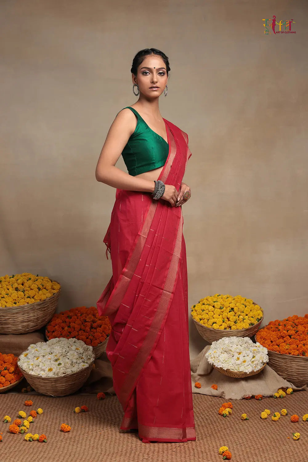 Handloom Raspberry Red Pure Cotton Kanchi Saree-Sutra Art of Clothing