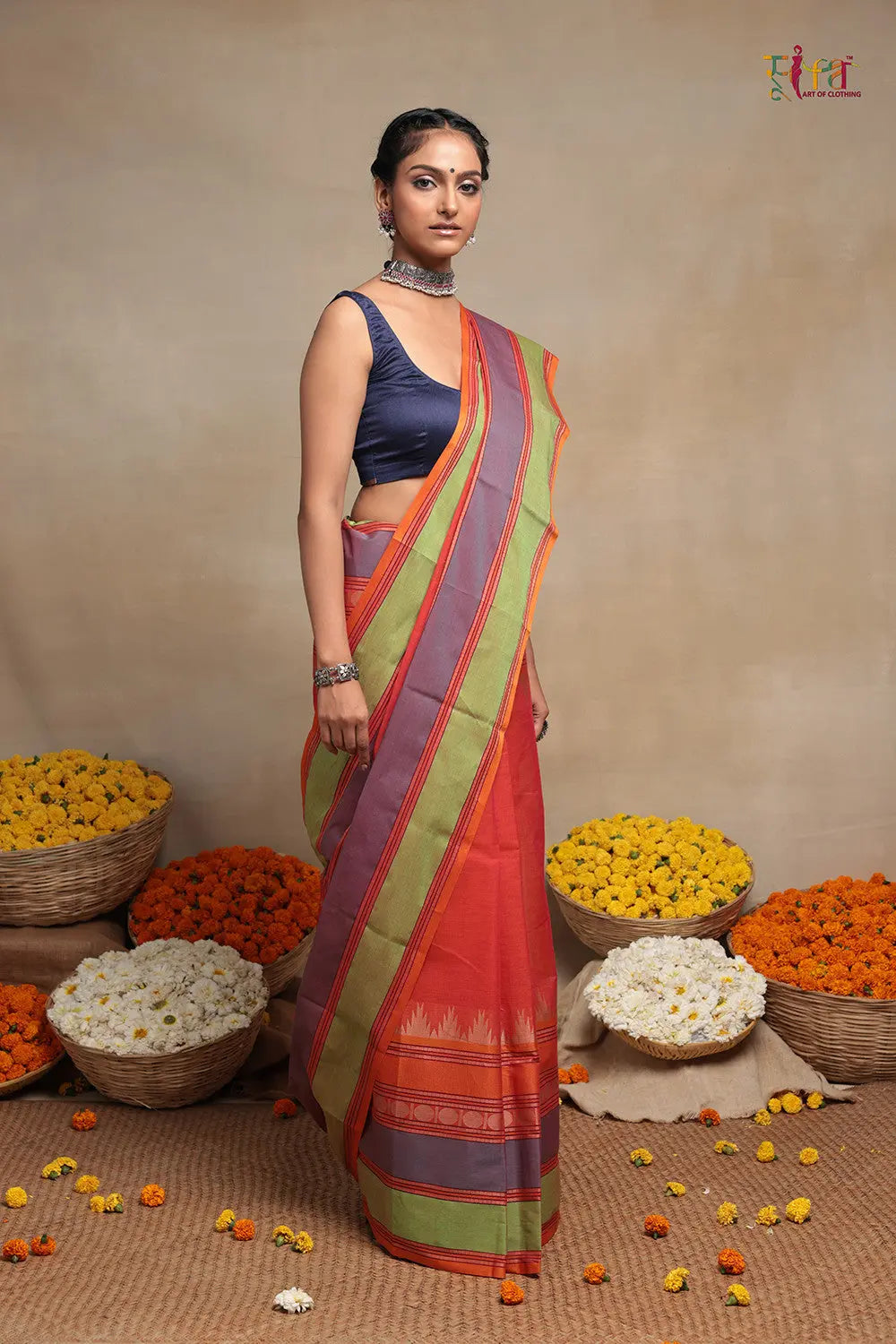 Handloom Royal Orange Pure Cotton Kanchi Saree-Sutra Art of Clothing