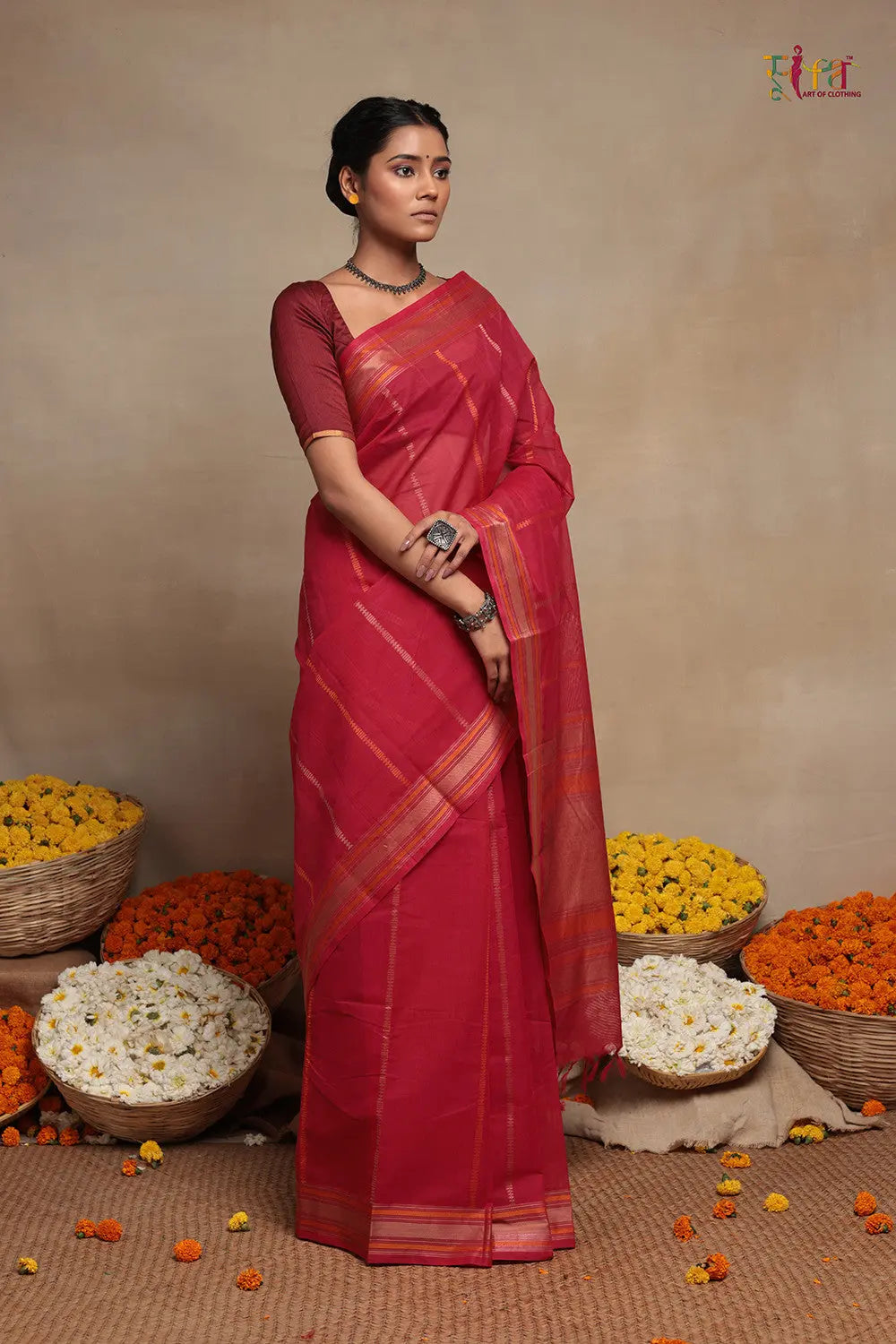 Magenta Handloom Kanchi Saree With Stripes-Sutra Art of Clothing