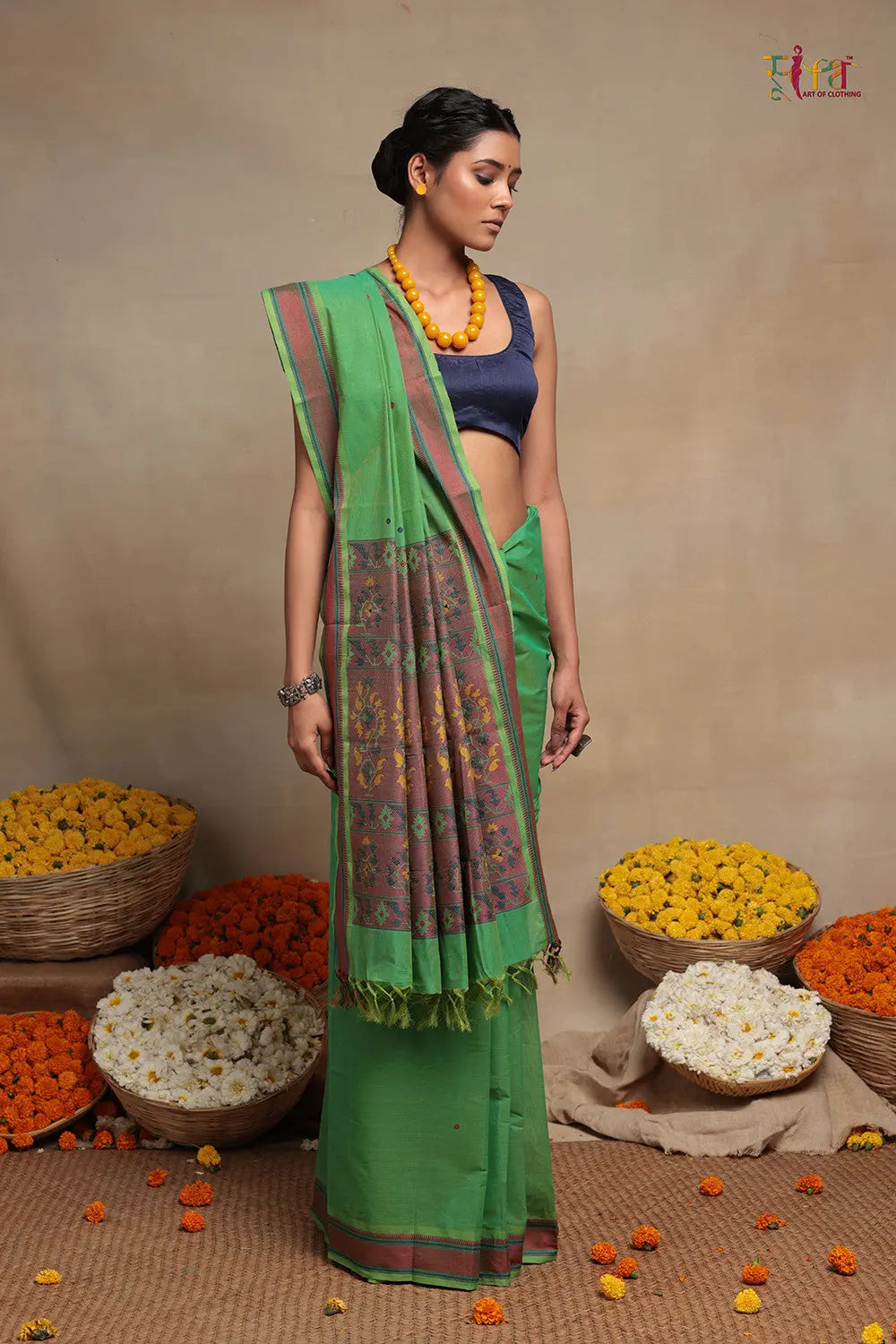 Emerald Green Pure Cotton Kanchi Saree-Sutra Art of Clothing
