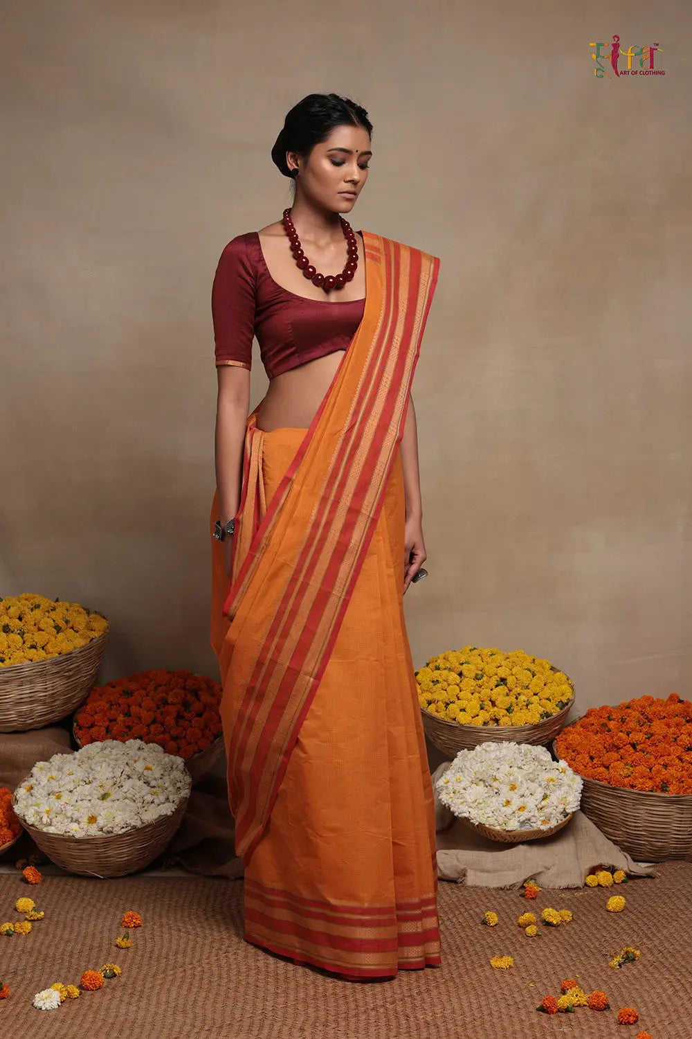 Handloom Atomic Orange Pure Cotton Kanchi Saree-Sutra Art of Clothing