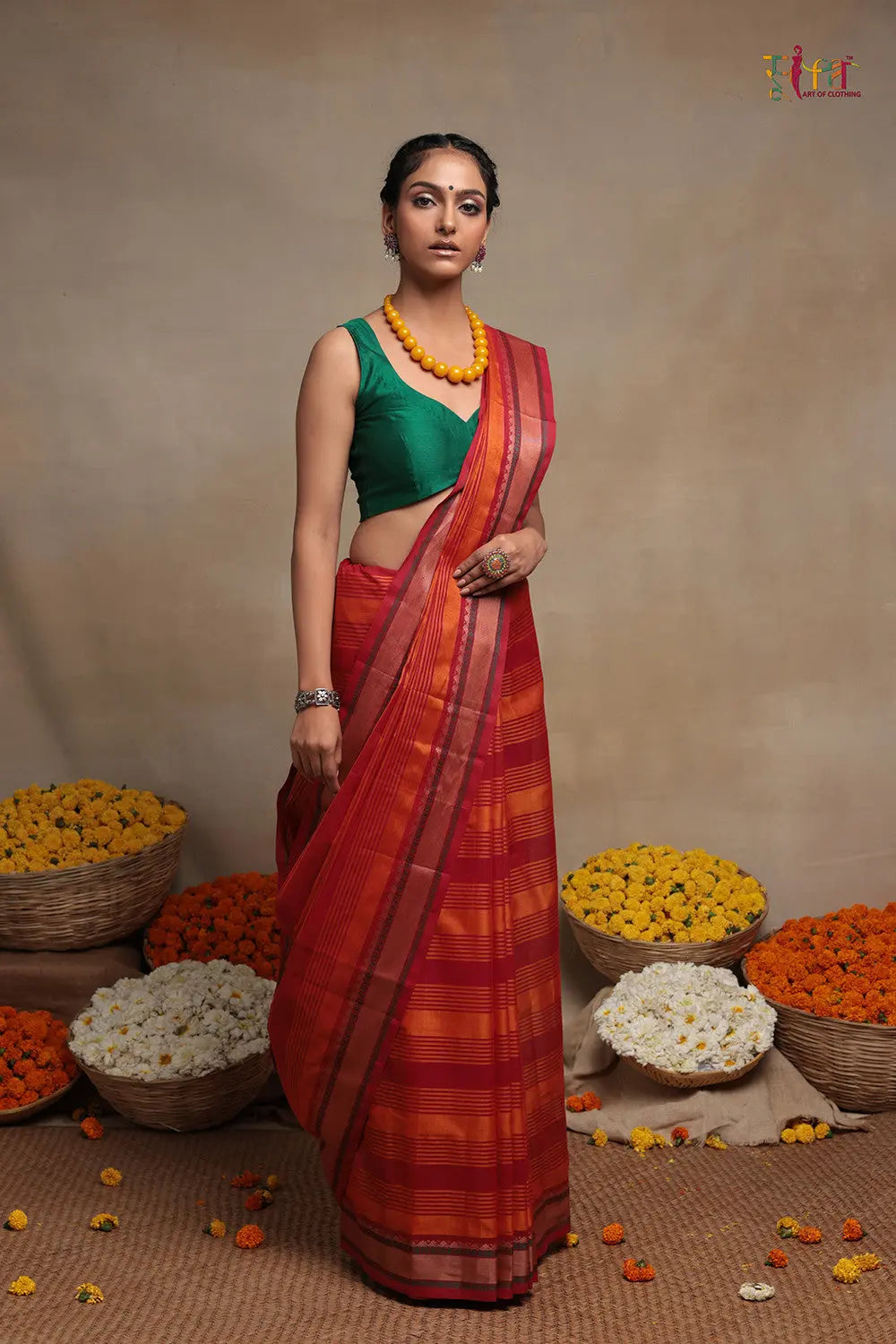 Handloom Orange & Red Pure Cotton Kanchi Saree-Sutra Art of Clothing