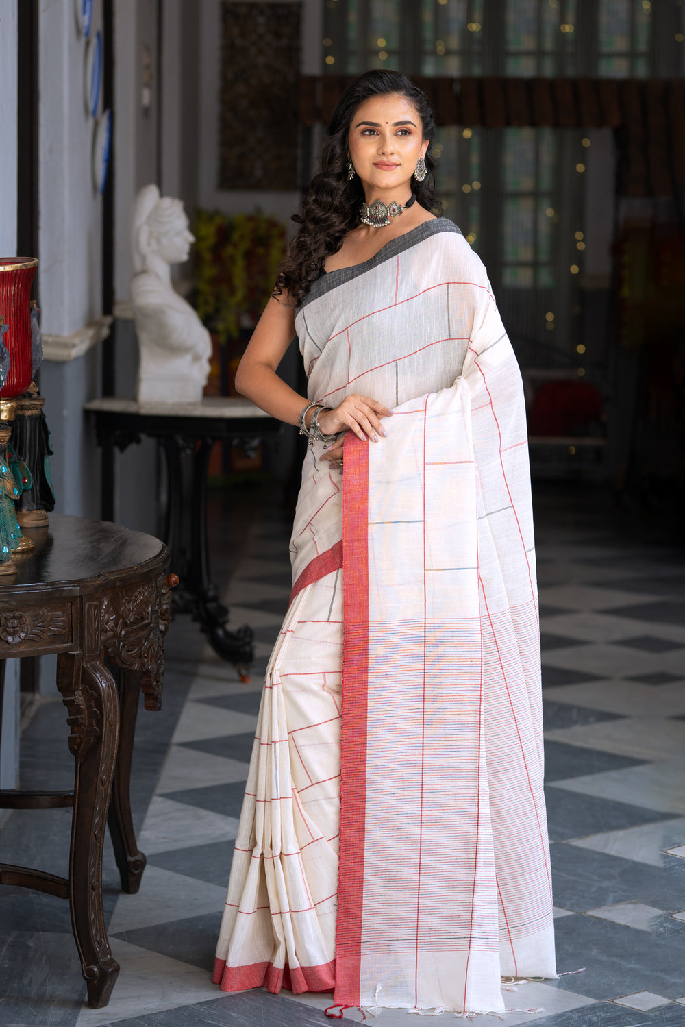 Handloom Off White Soft Cotton Brick Check Saree-Sutra Art of Clothing