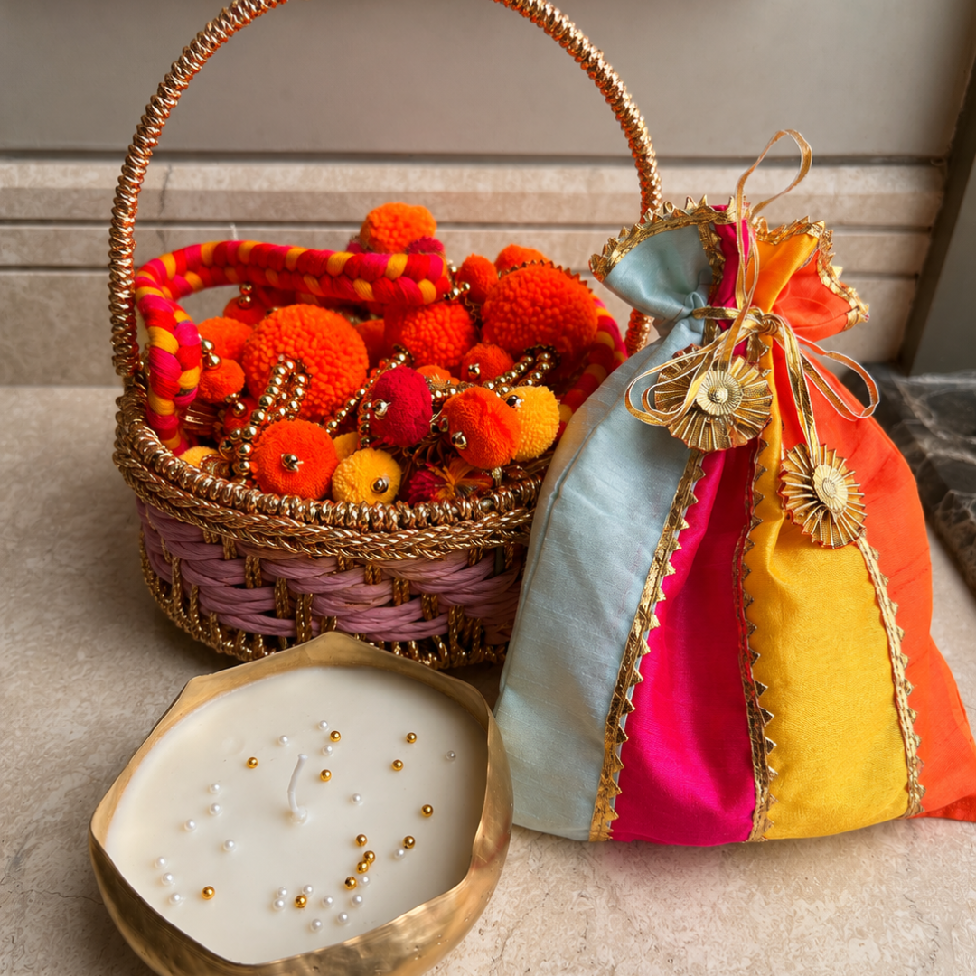 Gulab Glow Pink Festive Gift Basket | Urli Soy Wax Candle & Diwali Décor Hamper - https://artecasa.in/