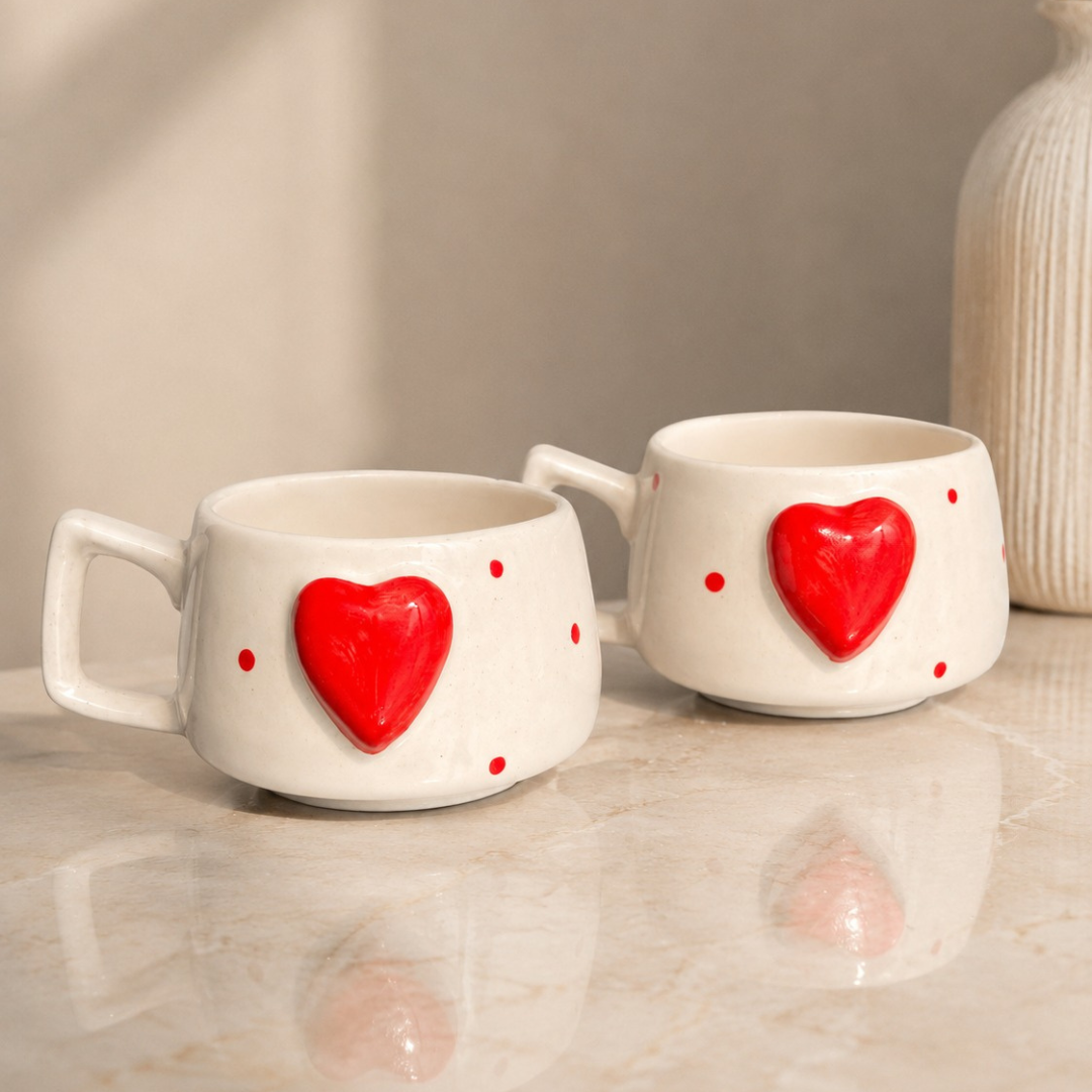 Heartfelt Duo Heart Design Ceramic Mug Set | Set of 2 Heart Mugs - https://artecasa.in/