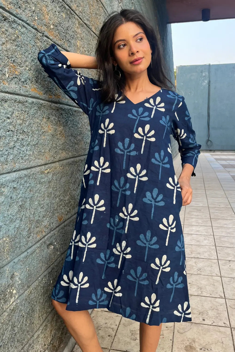 Indigo Block Print Dress-Sutra Art of Clothing