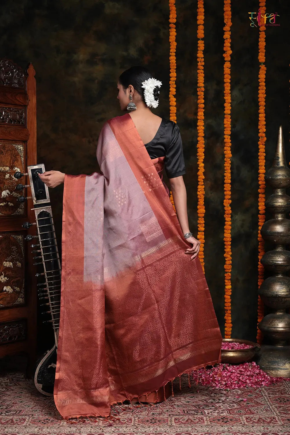 Sienna Brown With Zari Motifs Pure Silk Saree-Sutra Art of Clothing