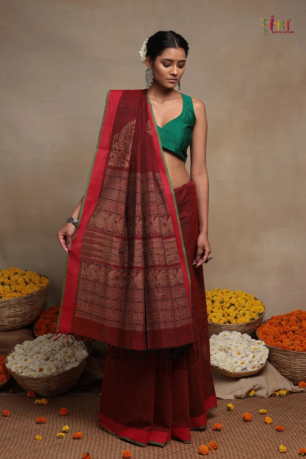 Traditional Maroon Handloom Cotton Kanchi Saree-Sutra Art of Clothing