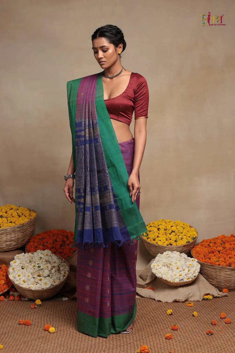 Blue And Pink Pure Cotton Handloom Kanchi Saree-Sutra Art of Clothing