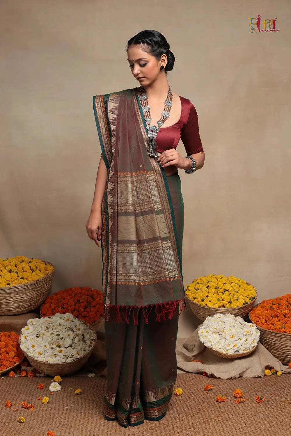 Green Handloom Pure Cotton Kanchi Saree-Sutra Art of Clothing