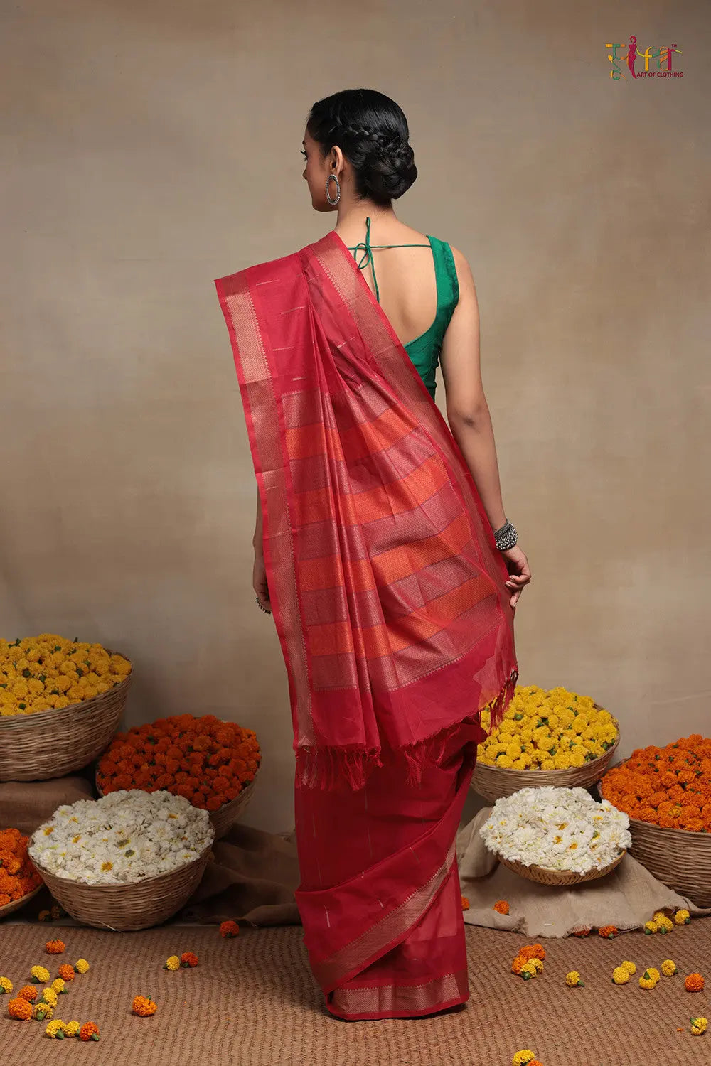 Handloom Raspberry Red Pure Cotton Kanchi Saree-Sutra Art of Clothing