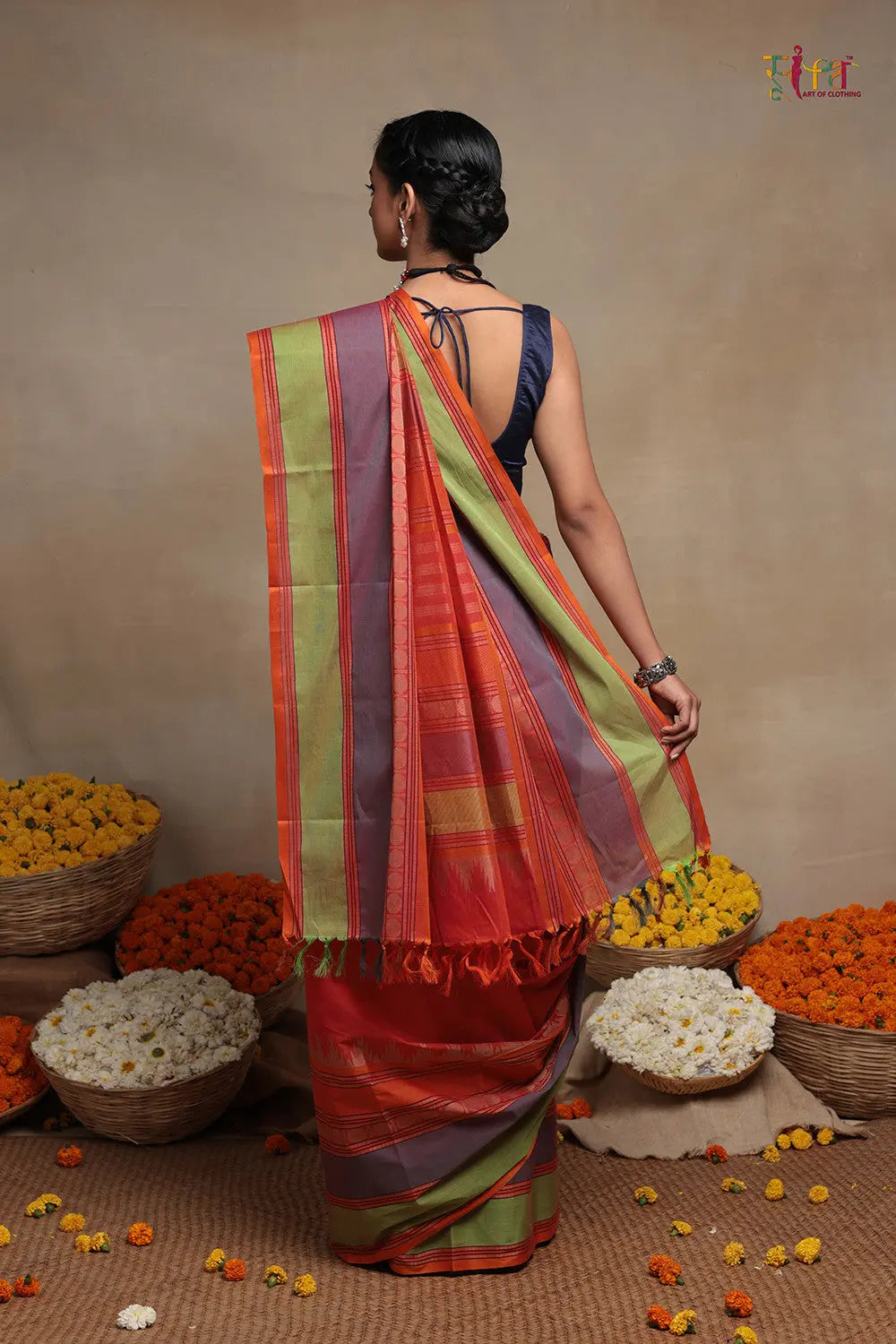 Handloom Royal Orange Pure Cotton Kanchi Saree-Sutra Art of Clothing