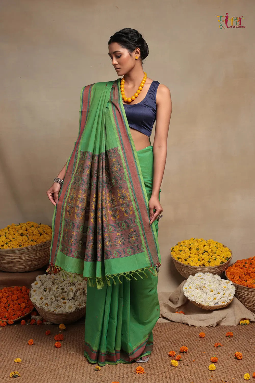Emerald Green Pure Cotton Kanchi Saree-Sutra Art of Clothing