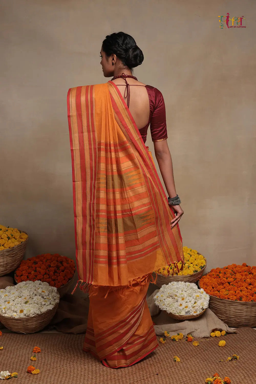 Handloom Atomic Orange Pure Cotton Kanchi Saree-Sutra Art of Clothing