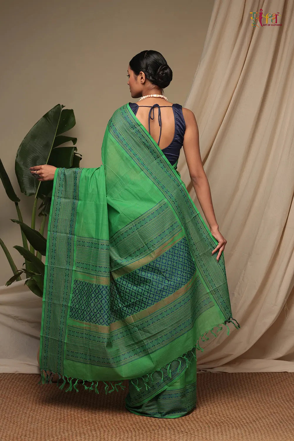 Green Pure Cotton Handloom Kanchi Saree-Sutra Art of Clothing