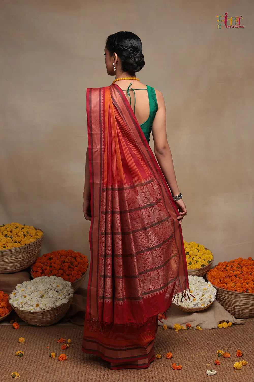 Handloom Orange & Red Pure Cotton Kanchi Saree-Sutra Art of Clothing