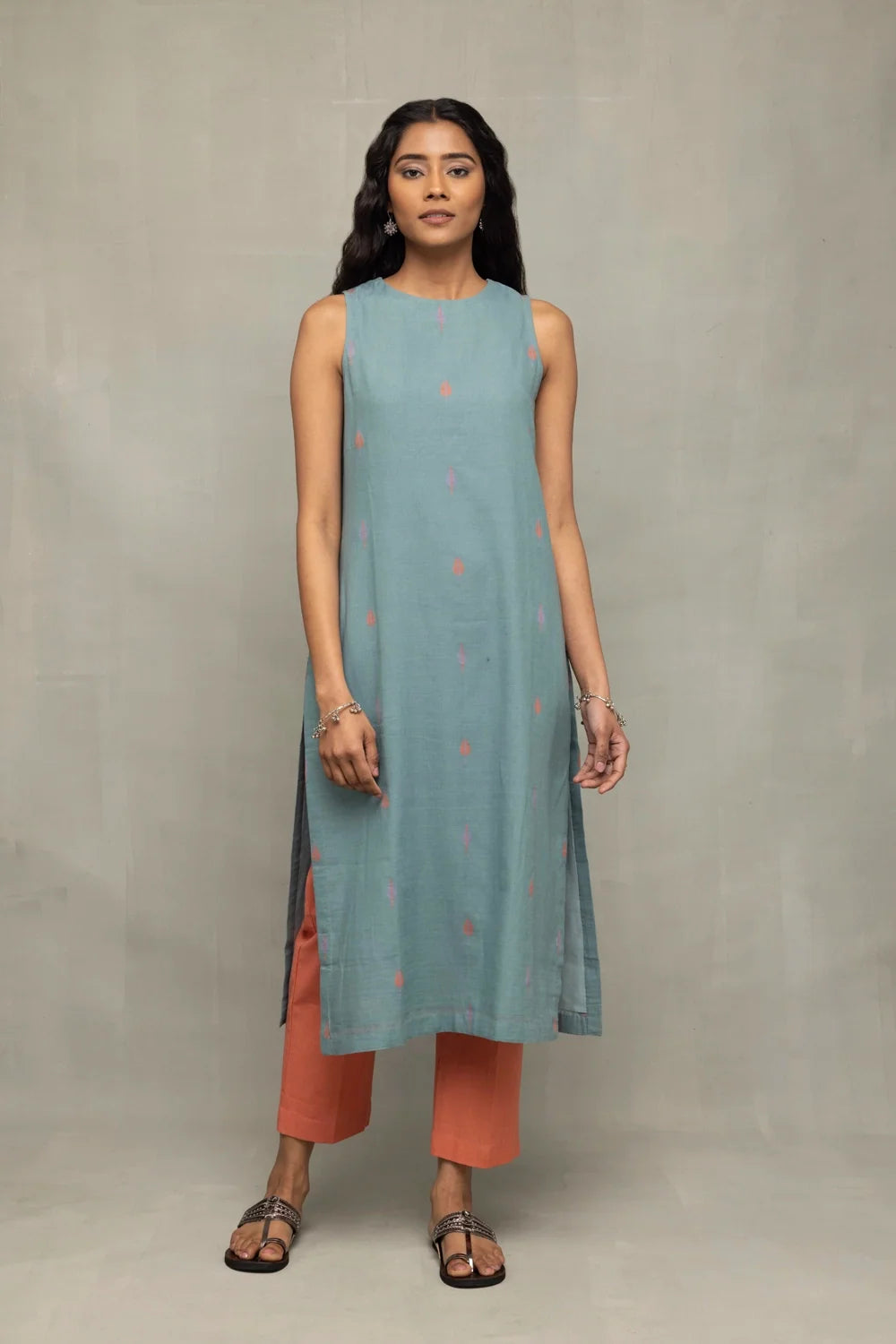 Zen Blue Straight Fit Jamdani Kurta Set with Tangerine Leaf Motif Dupatta