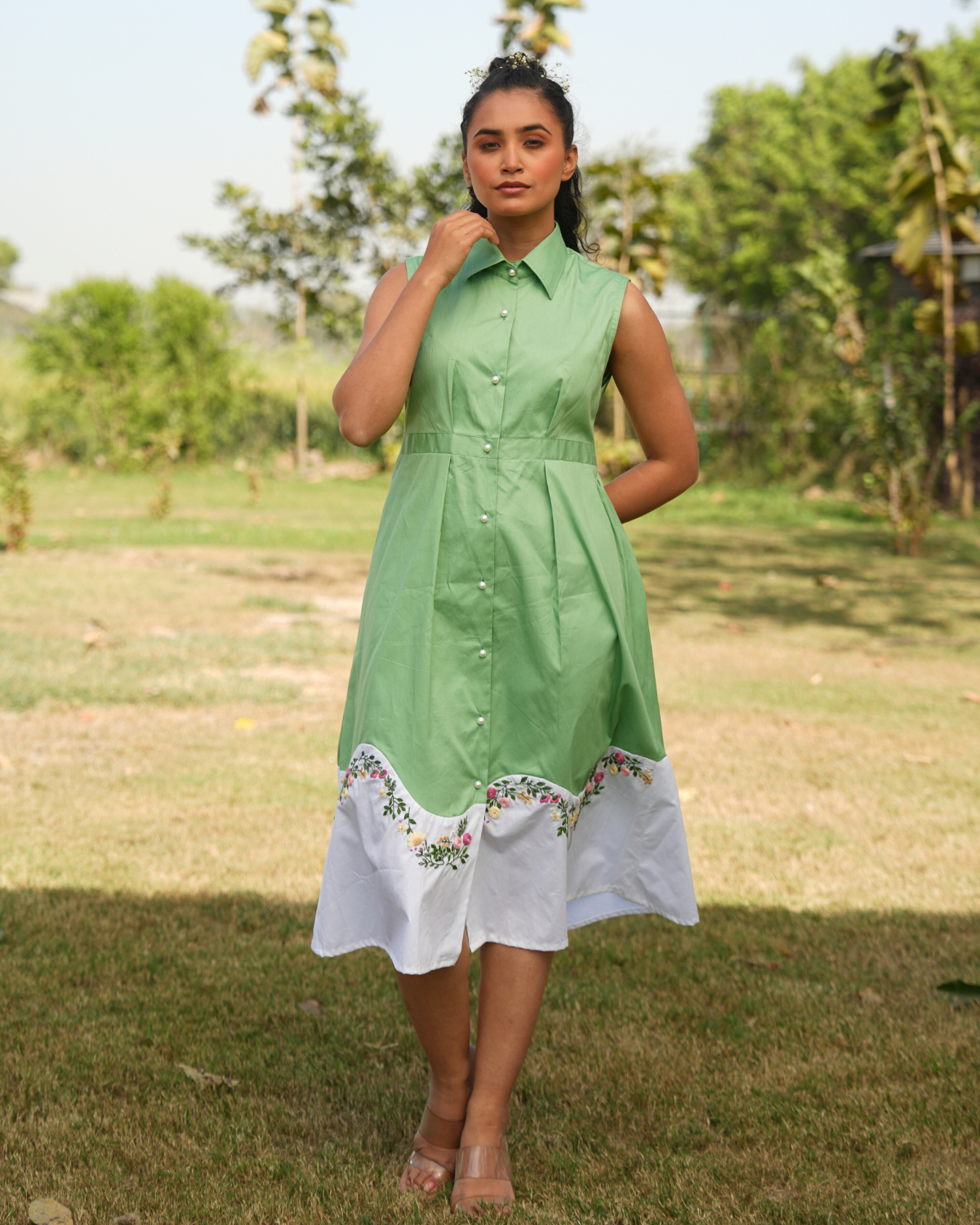 Bhumi Hand-Embroidered Midi Dress – hand-embroidered 100% cotton – RASRA MAI