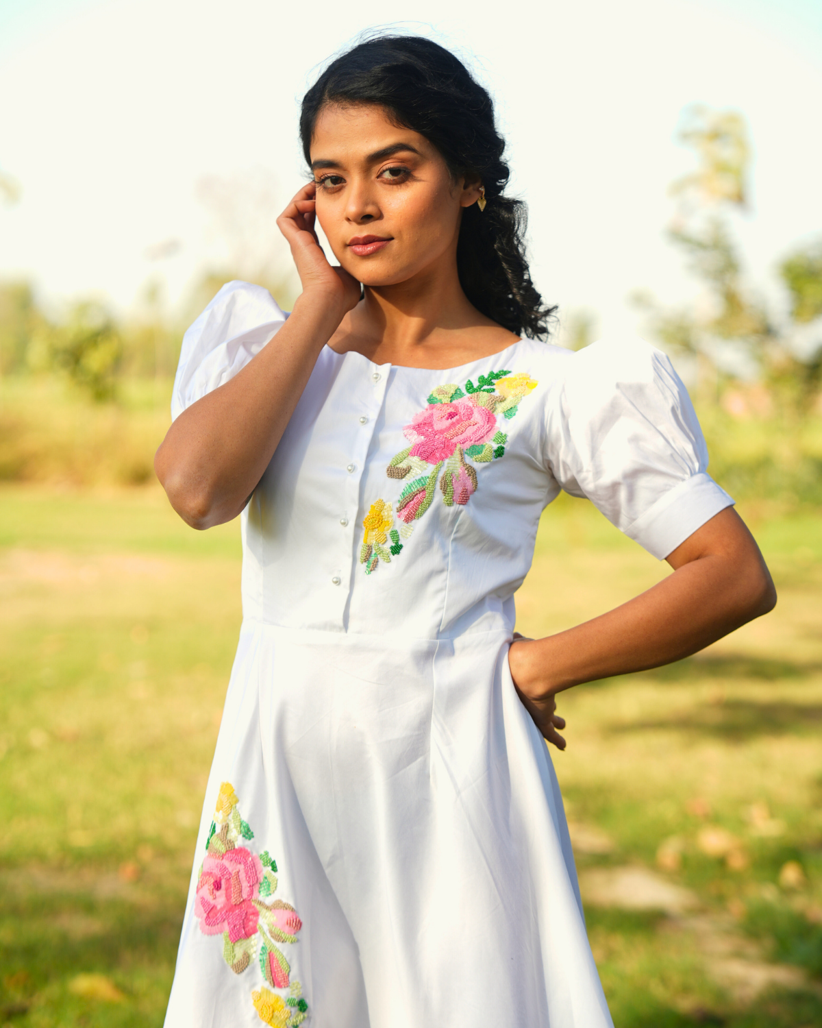 Jiyyaa Hand-Embroidered Midi Dress – hand-embroidered 100% cotton – RASRA MAI