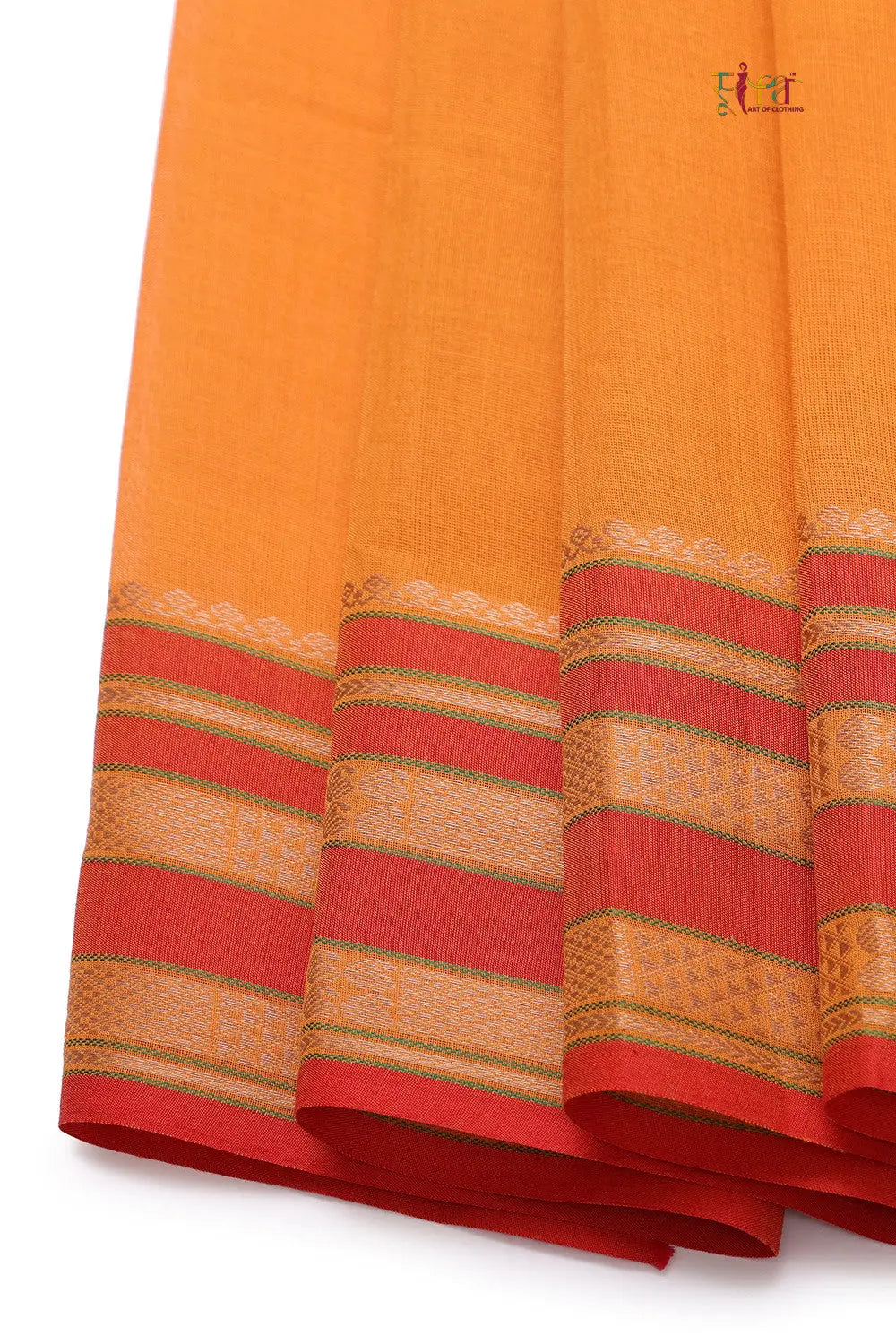 Handloom Atomic Orange Pure Cotton Kanchi Saree-Sutra Art of Clothing