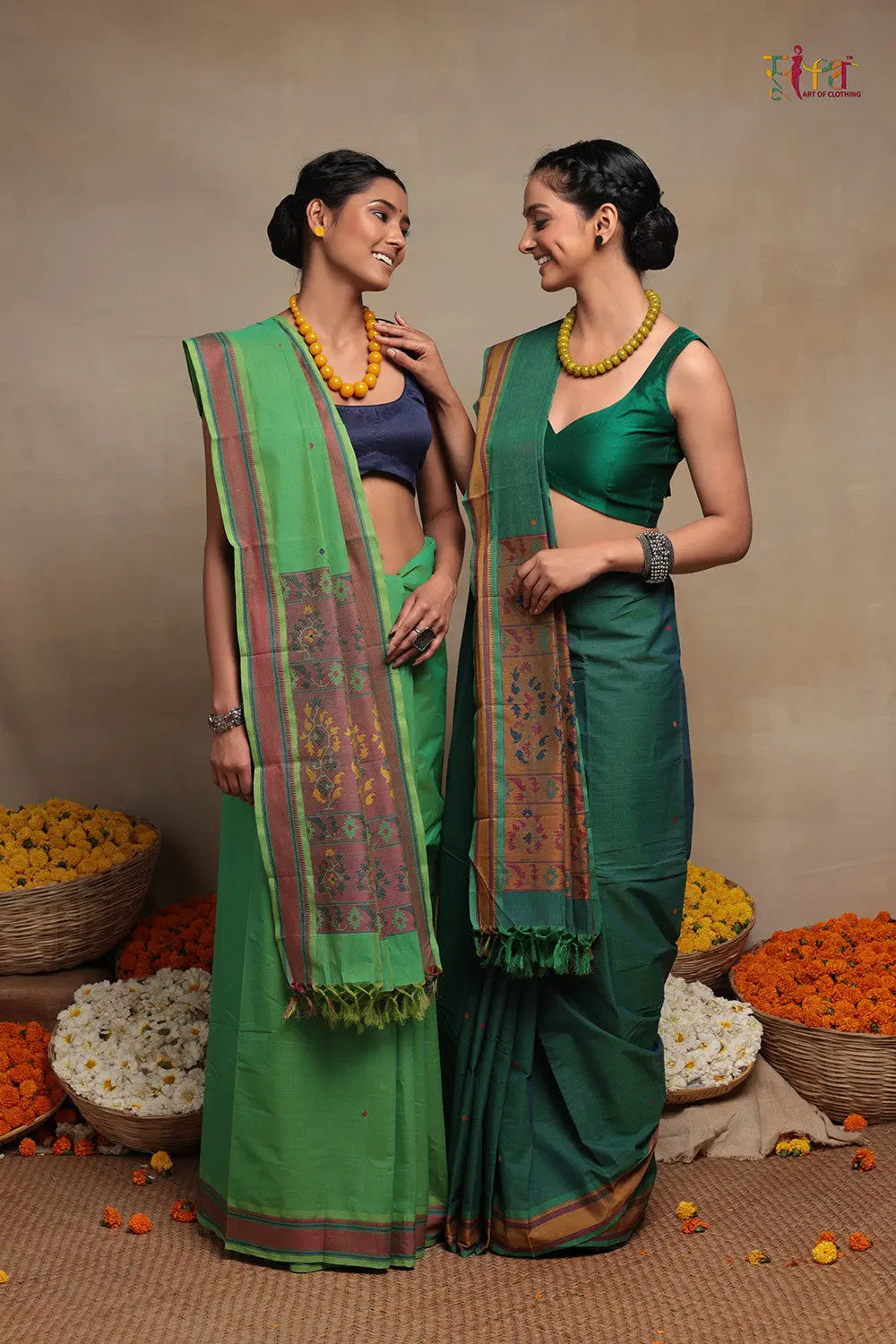 Emerald Green Pure Cotton Kanchi Saree-Sutra Art of Clothing