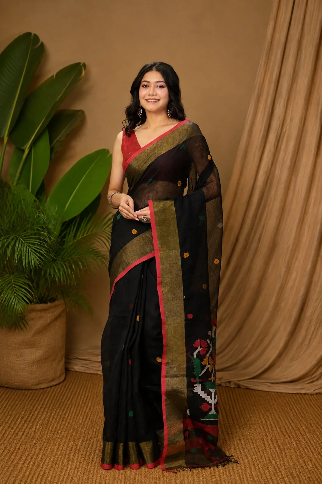 Handloom Black Pure Linen Zari Jamdani Saree-Sutra Art of Clothing