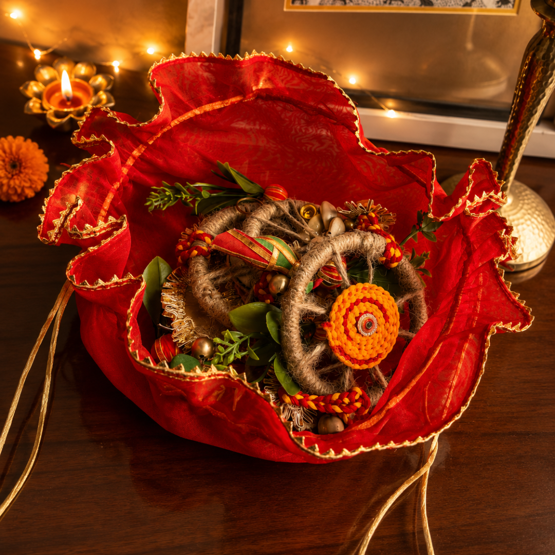 Utsav Jute Net Festive Gift Basket | Red Potli, Pomegranate & Soy Wax Candle - https://artecasa.in/