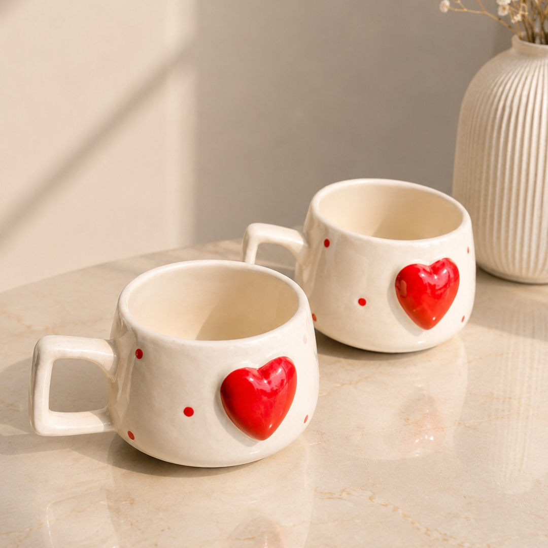 Heartfelt Duo Heart Design Ceramic Mug Set | Set of 2 Heart Mugs - https://artecasa.in/