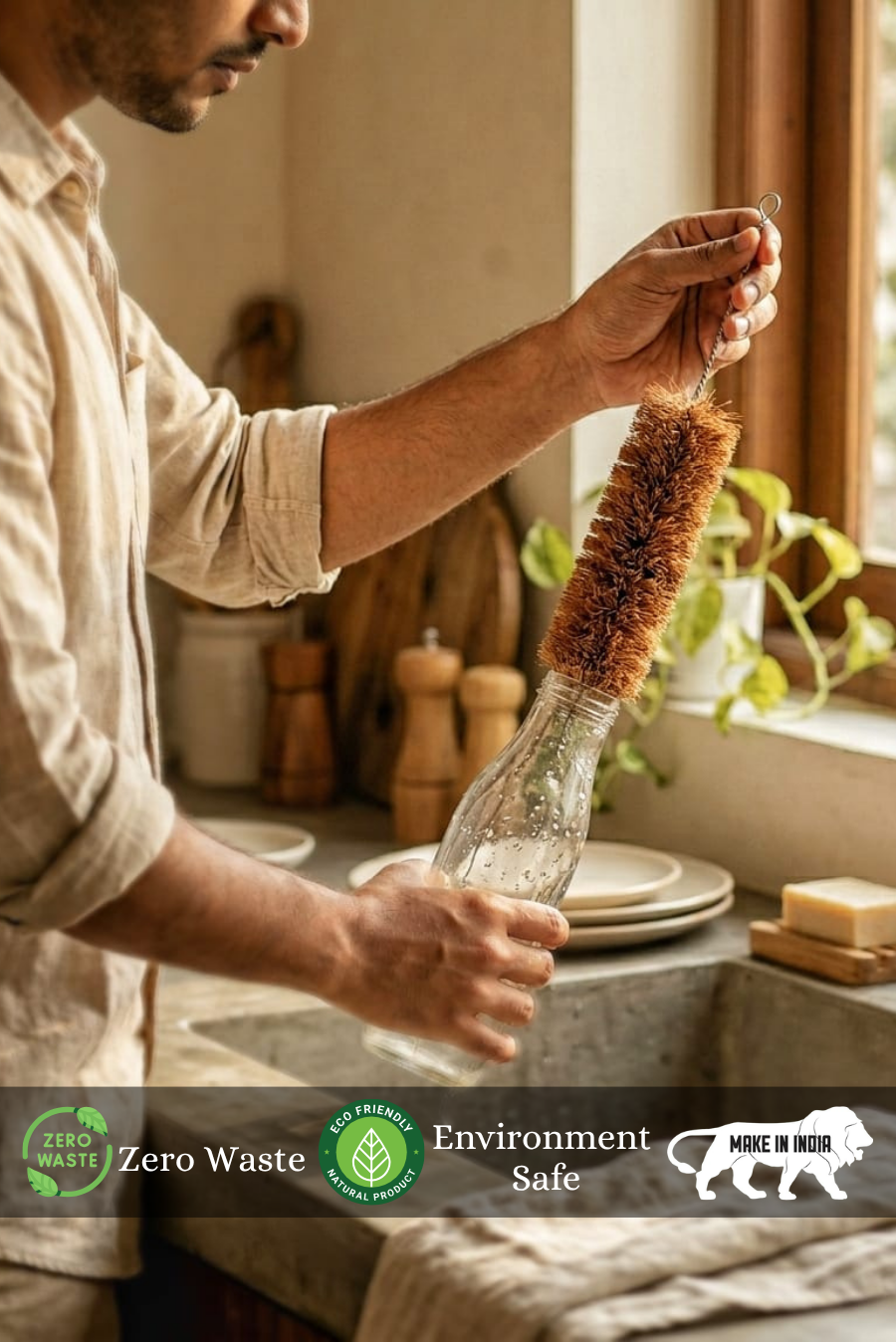 Man is washing a glass bottle using Almitra Sustainables coconut coir bottle cleaner