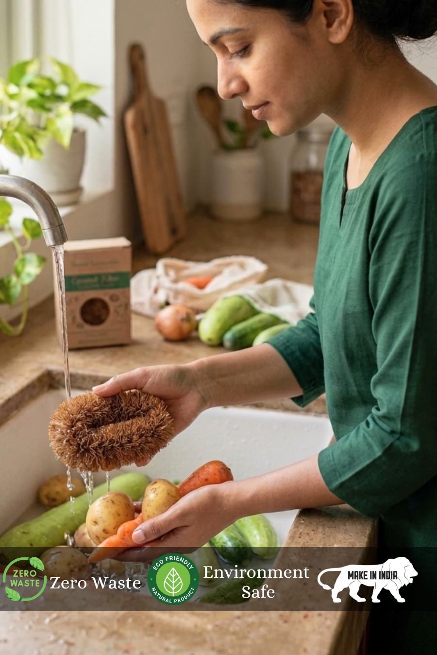 A women is washing vegetables using almitra sustainabes Coconut Fiber Vegetable Scrub