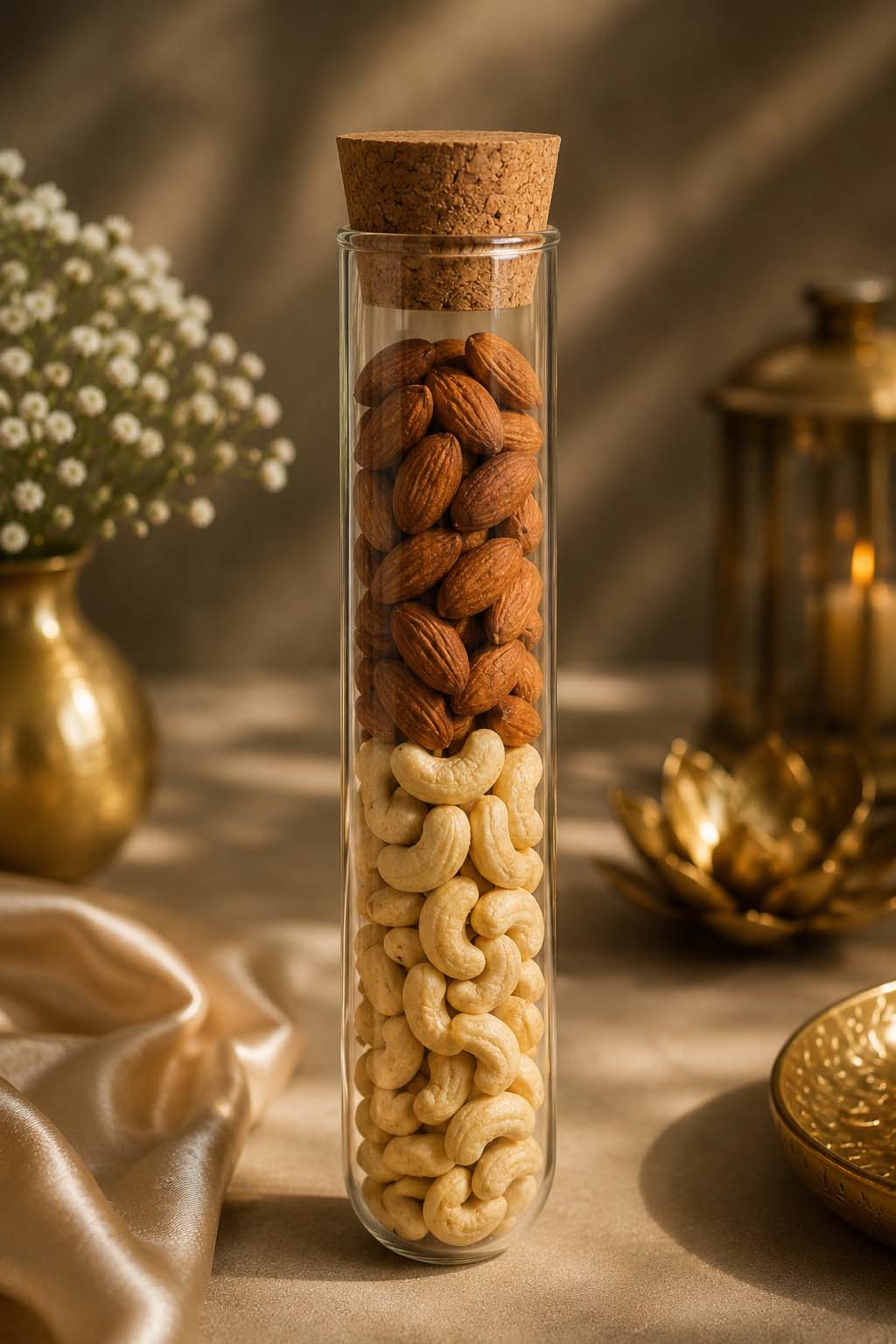 A clear glass test tube with a cork stopper, filled with whole almonds on top and cashews below, styled on a beige fabric surface with warm decorative props in the background.