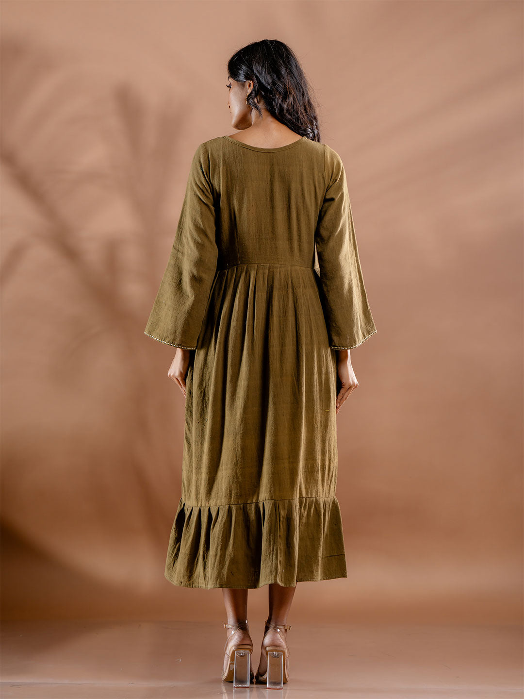 Olive green organic cotton long dress for women with gathered waist- back view