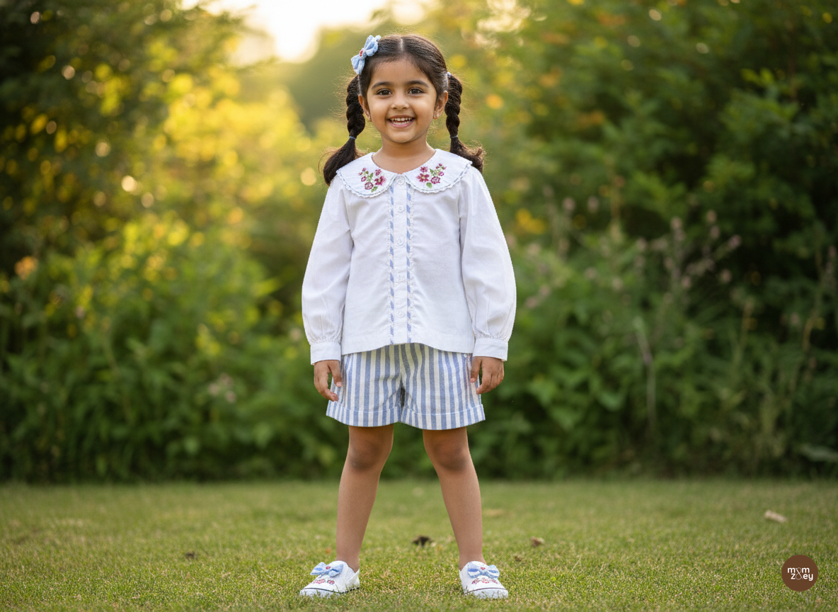 Capri Blouse and Nice Shorts set flat lay showing both GOTS-certified pieces