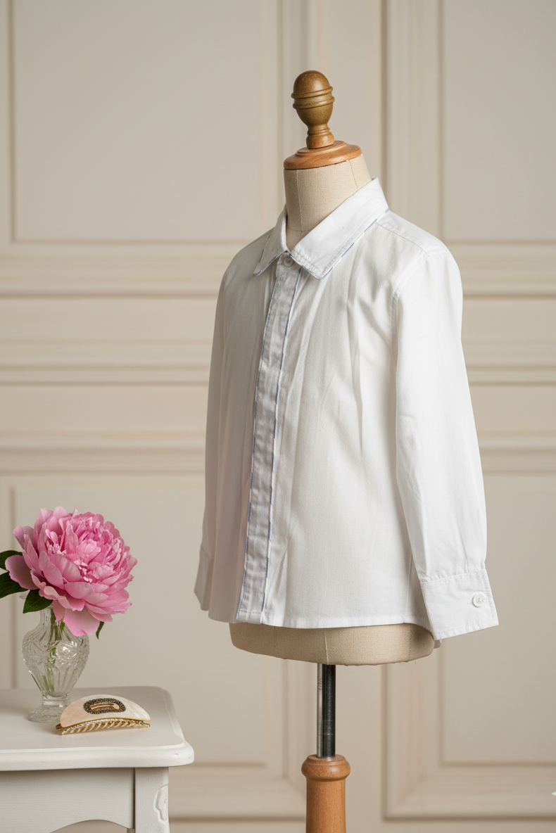 Cannes organic cotton boys white shirt side angle showing long sleeves and relaxed fit