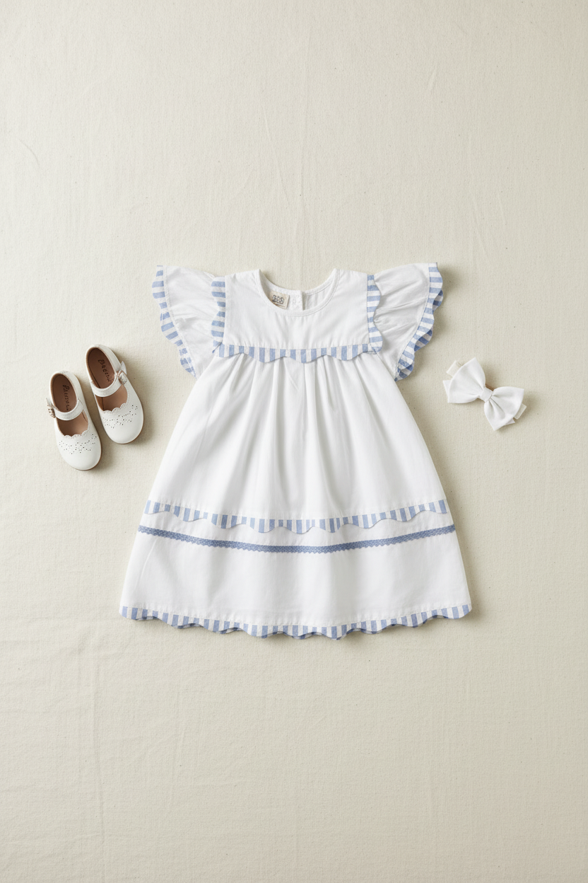 Santorini organic cotton flutter-sleeve girls dress close-up of flutter sleeve and neckline
