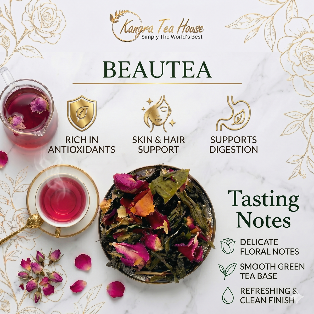 BeauTEA hibiscus rose green tea anti aging - digestion – Kangra Tea House