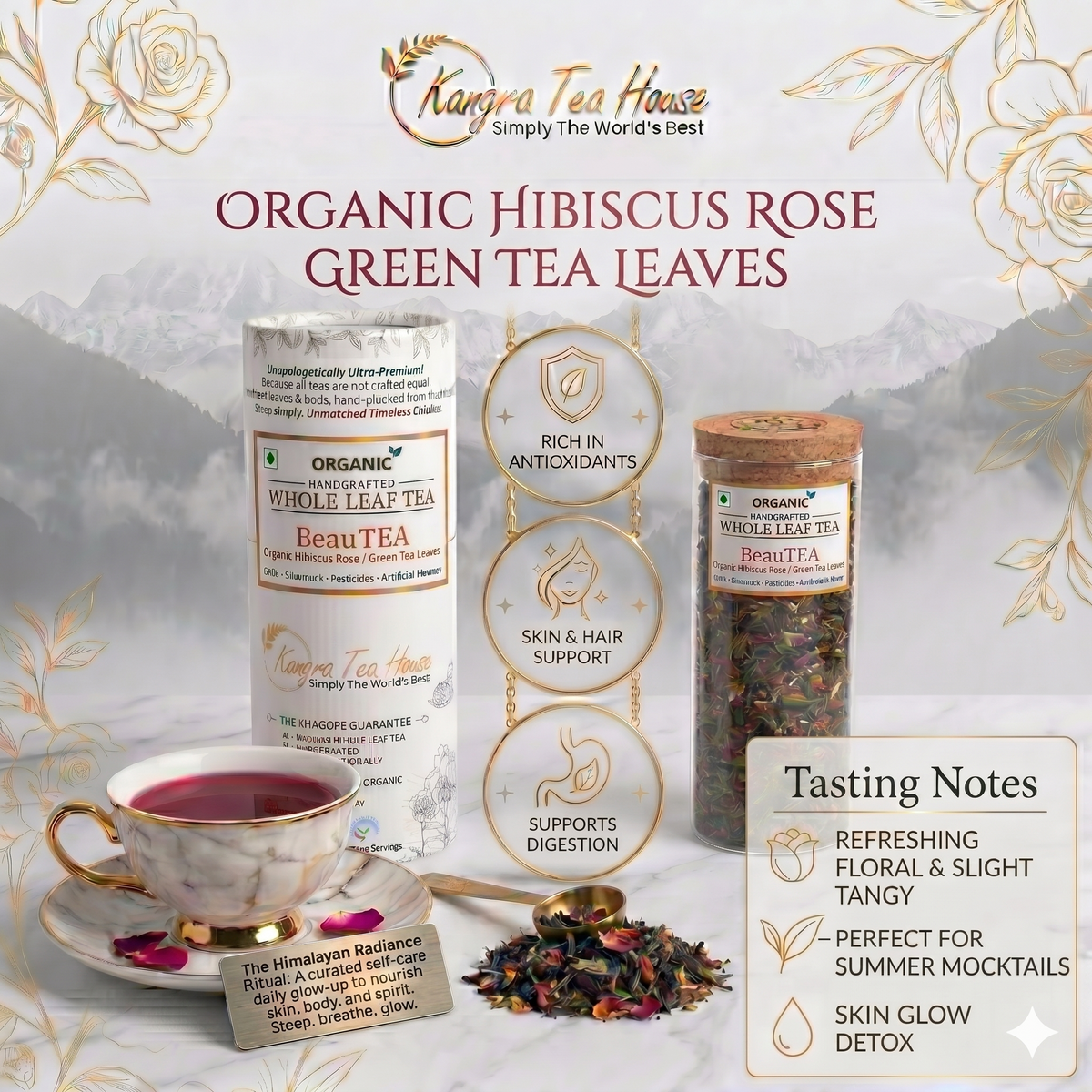 BeauTEA organic hibiscus rose whole leaf green tea – Kangra Tea House