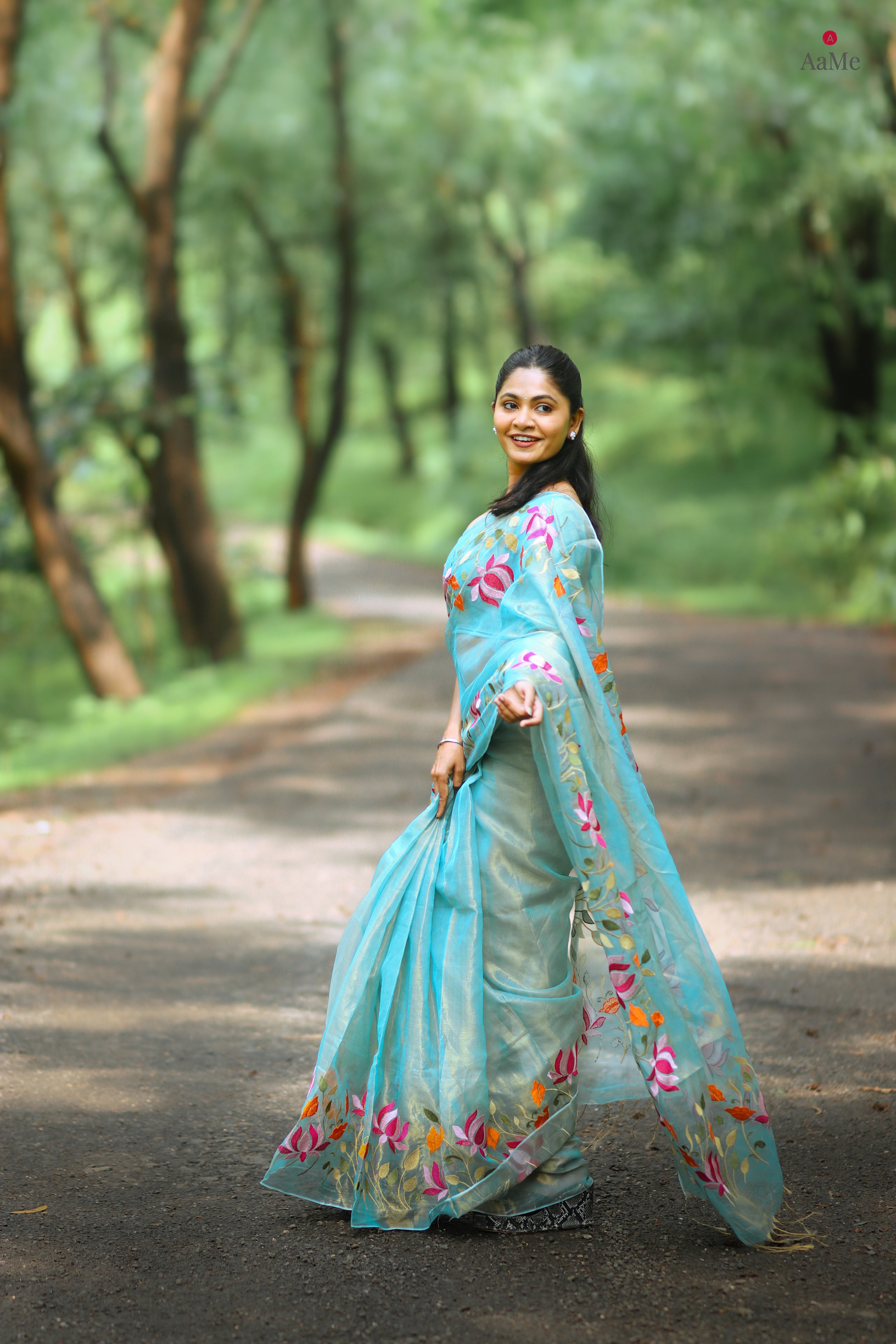 Shop AaMe Blossom Veil saree in serene blue tissue fabric