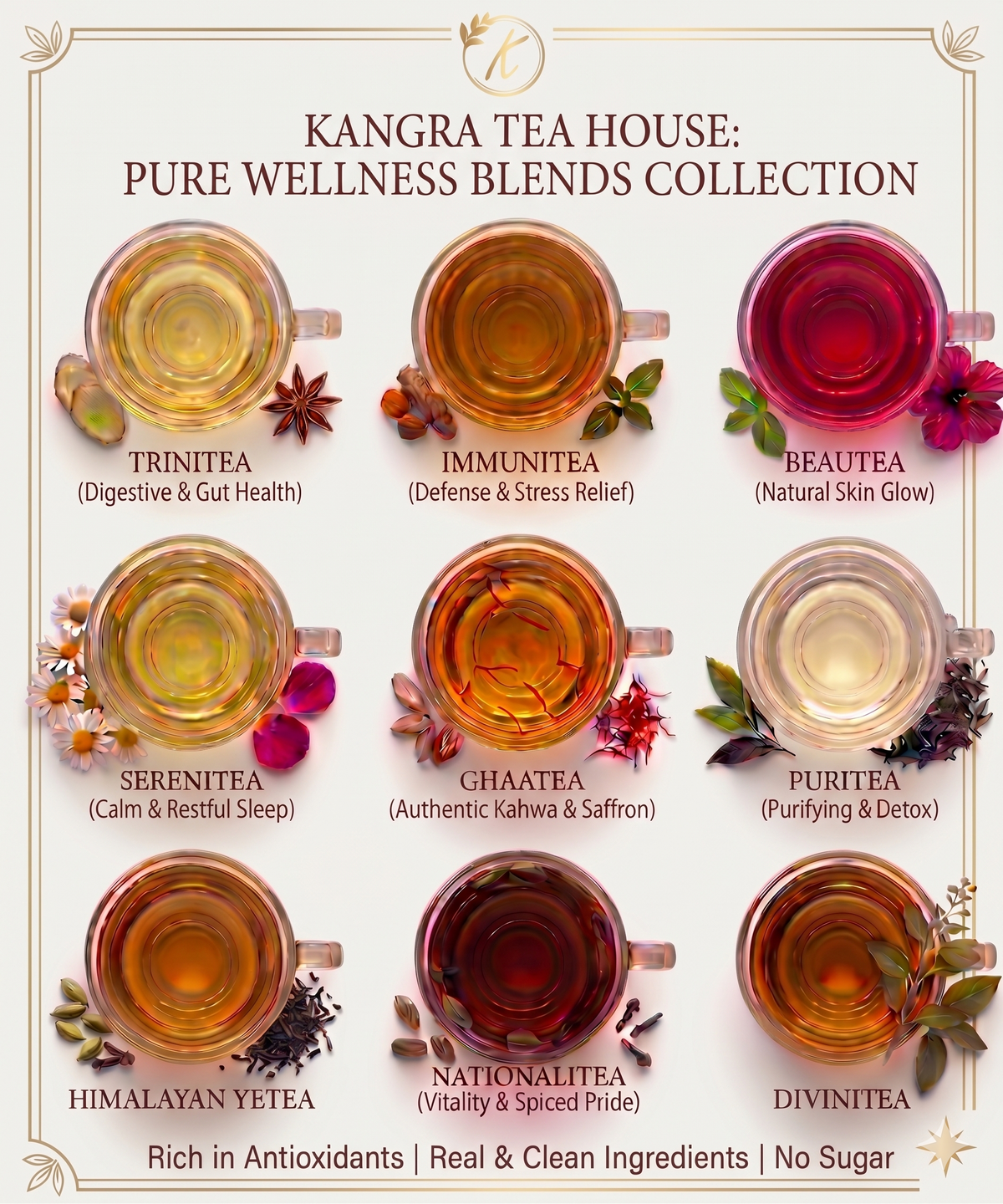 Kangra Tea House Pure Wellness Blends Collection with various tea types and health benefits.