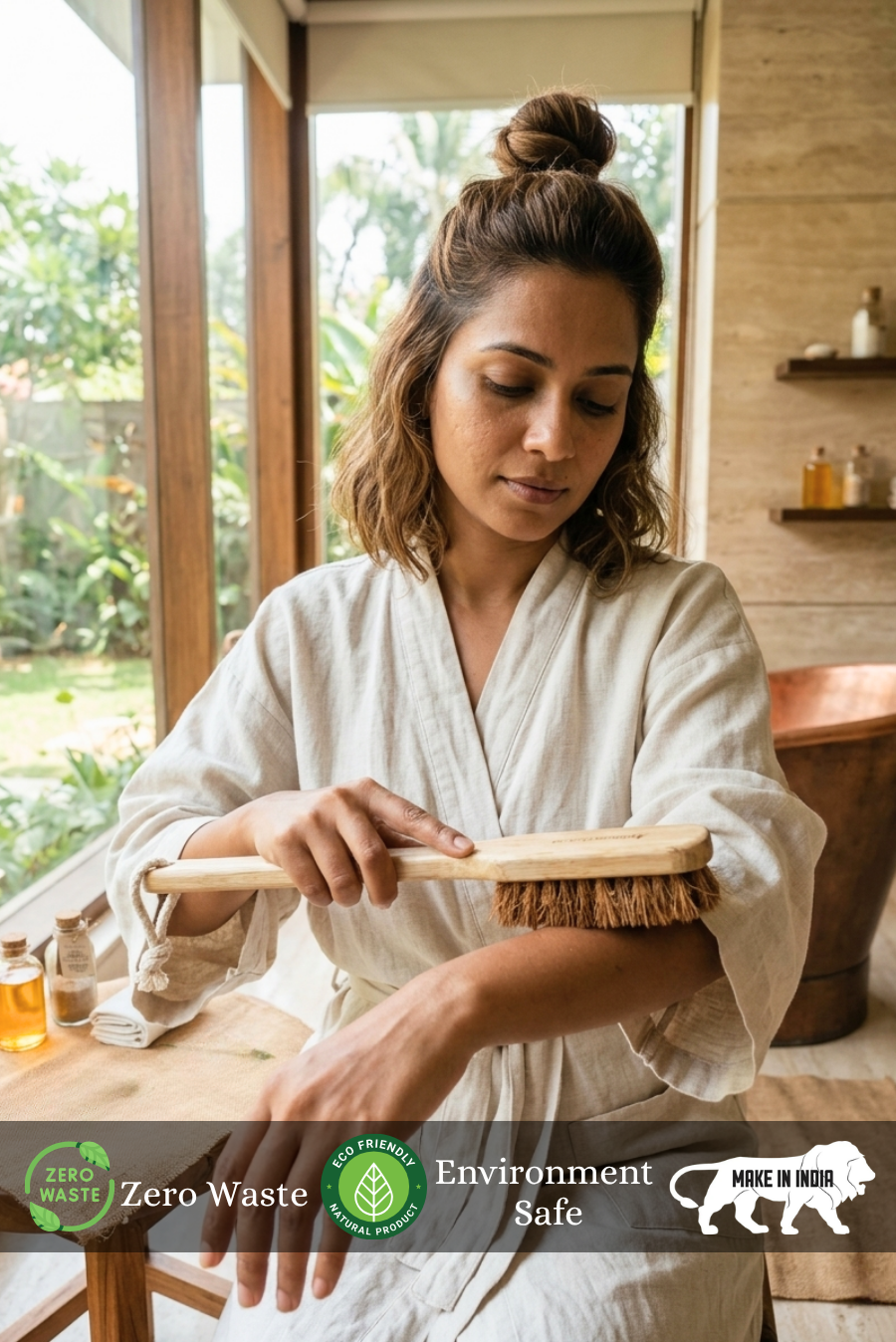 Woman in a white robe using a Almitra Sustainables - Natural Coconut Coir Long Handle Body Brush – Zero Waste Body Brush in a zero waste setting
