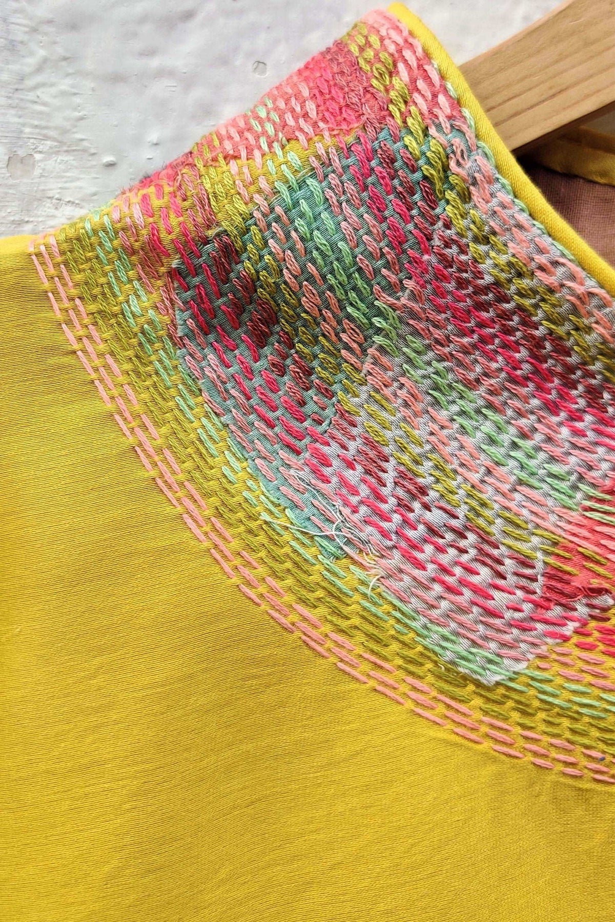 Cotton-silk Yellow crop top with sujani work on neck line-bihart