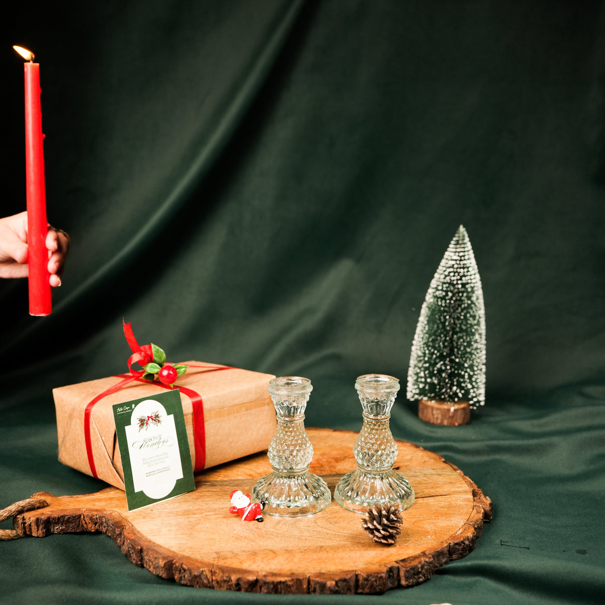 Glass Glow Candle Stand Set – Glass Taper Candle Holders with Red Taper Candles (Set of 2) | - https://artecasa.in/
