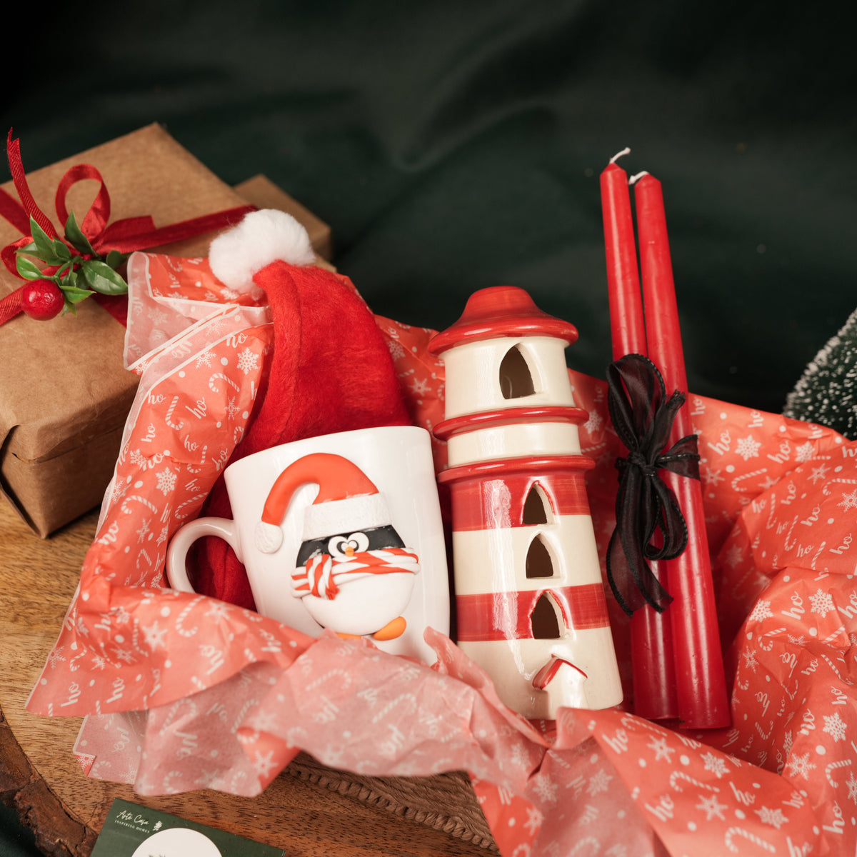 Santa Merry Magic Set – Christmas Gift Hamper with Penguin Mug, Santa Cap, Candles & Tealight House | Premium Festive Gift Box India - https://artecasa.in/