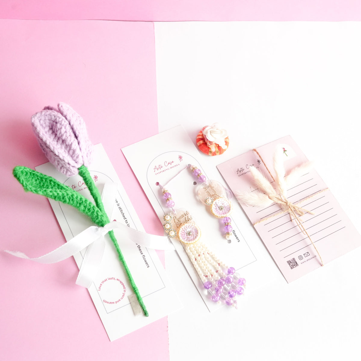 Handcrafted Tulip crochet Rakhi hamper (Light Purple) - https://artecasa.in/