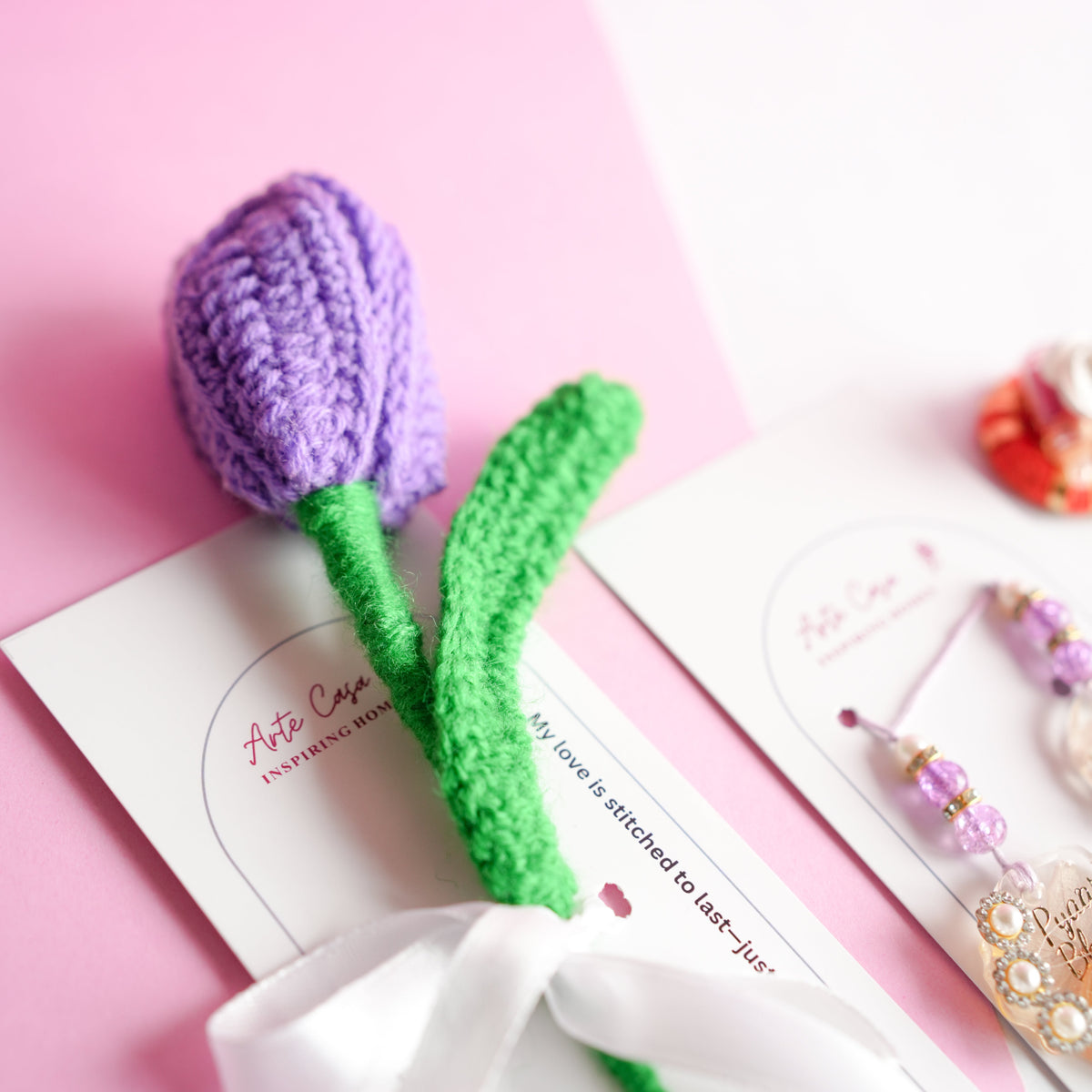 Handcrafted Tulip crochet Rakhi hamper (Dark Purple) - https://artecasa.in/