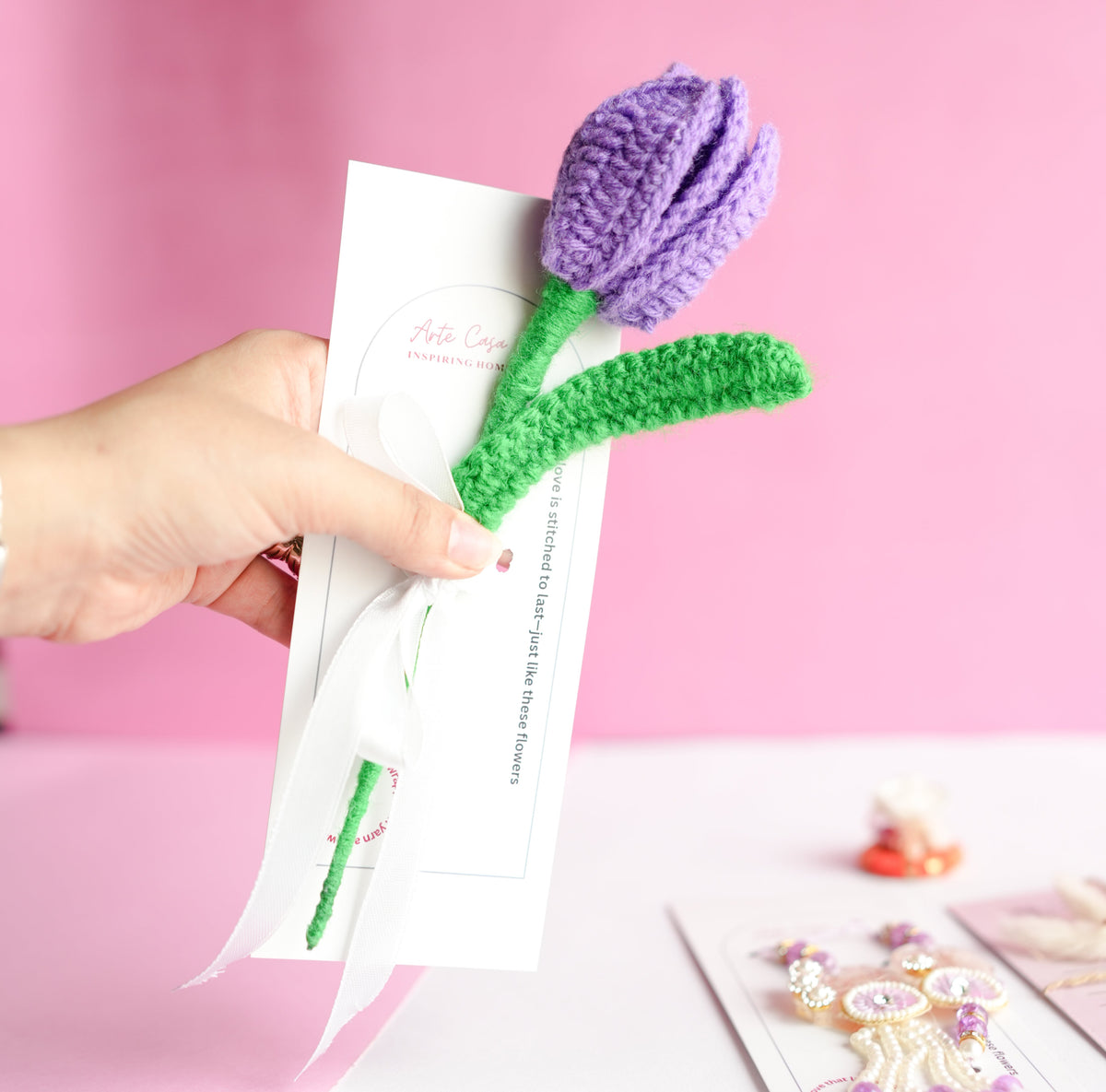 Handcrafted Tulip crochet Rakhi hamper (Dark Purple) - https://artecasa.in/