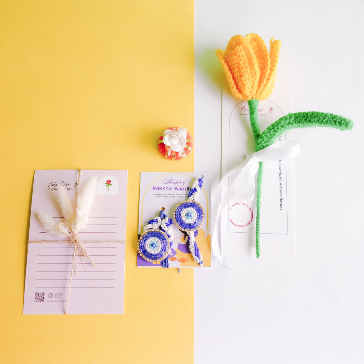 Handcrafted Tulip crochet Rakhi hamper (yellow) - https://artecasa.in/