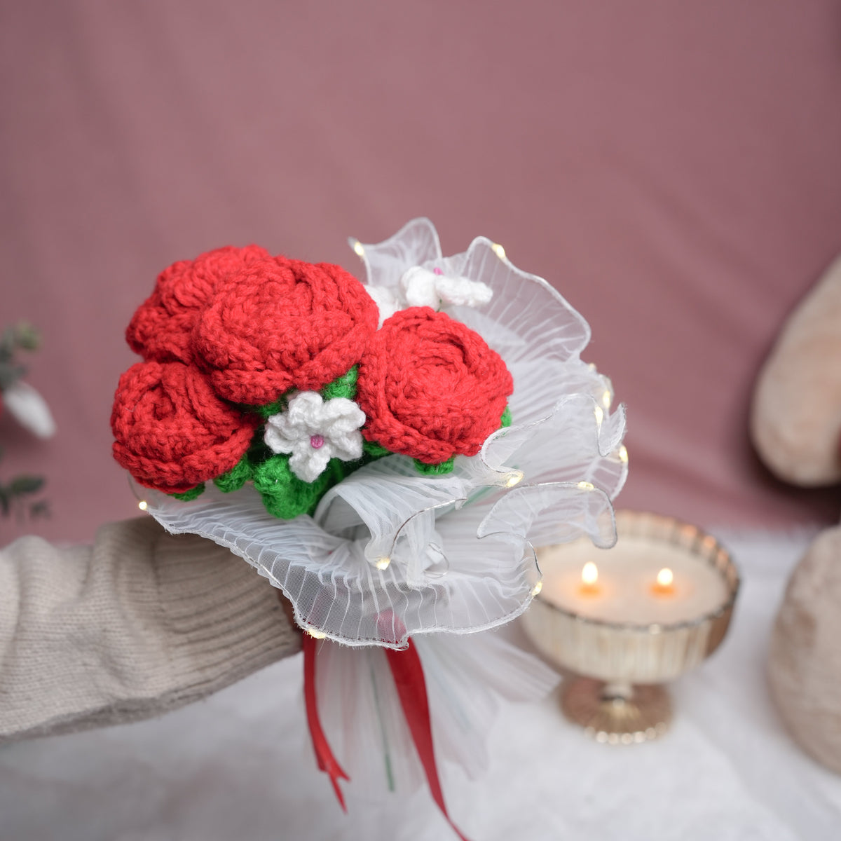 Radiant Red Rose Bloom – Handcrafted Crochet with LED Glow | ArteCasa - https://artecasa.in/